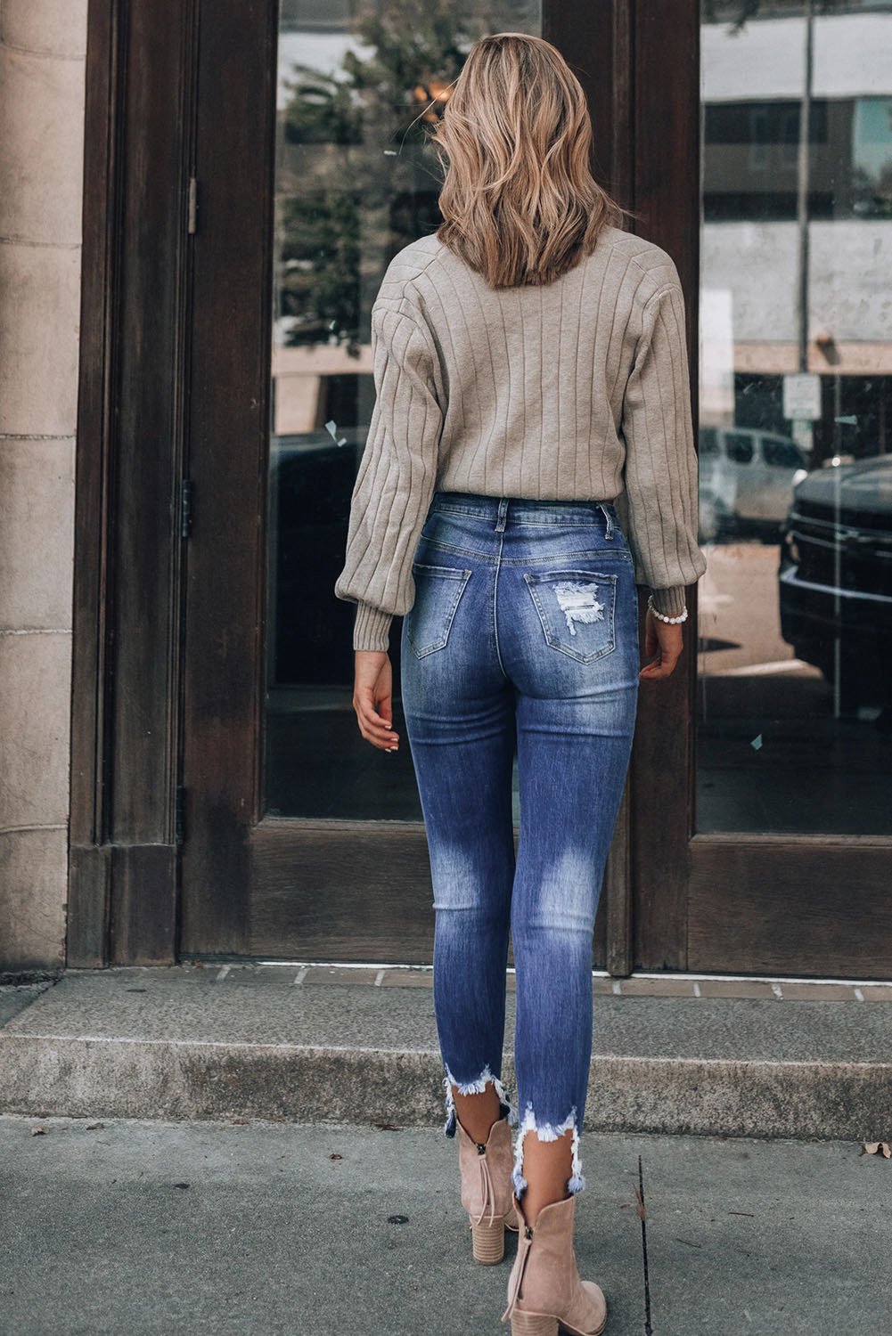 DenimWave™ - Dark Blue Washed Distressed Slits Skinny Jeans