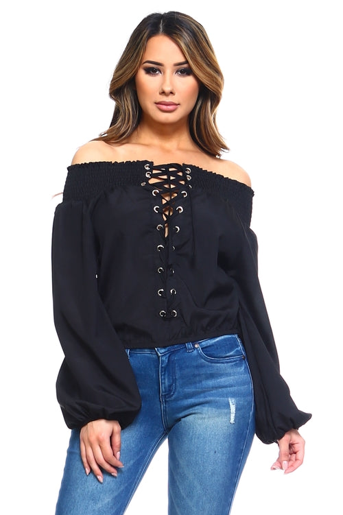 Savannah Rose™ - Women's Lace-Up Off Shoulder Elastic Blouse