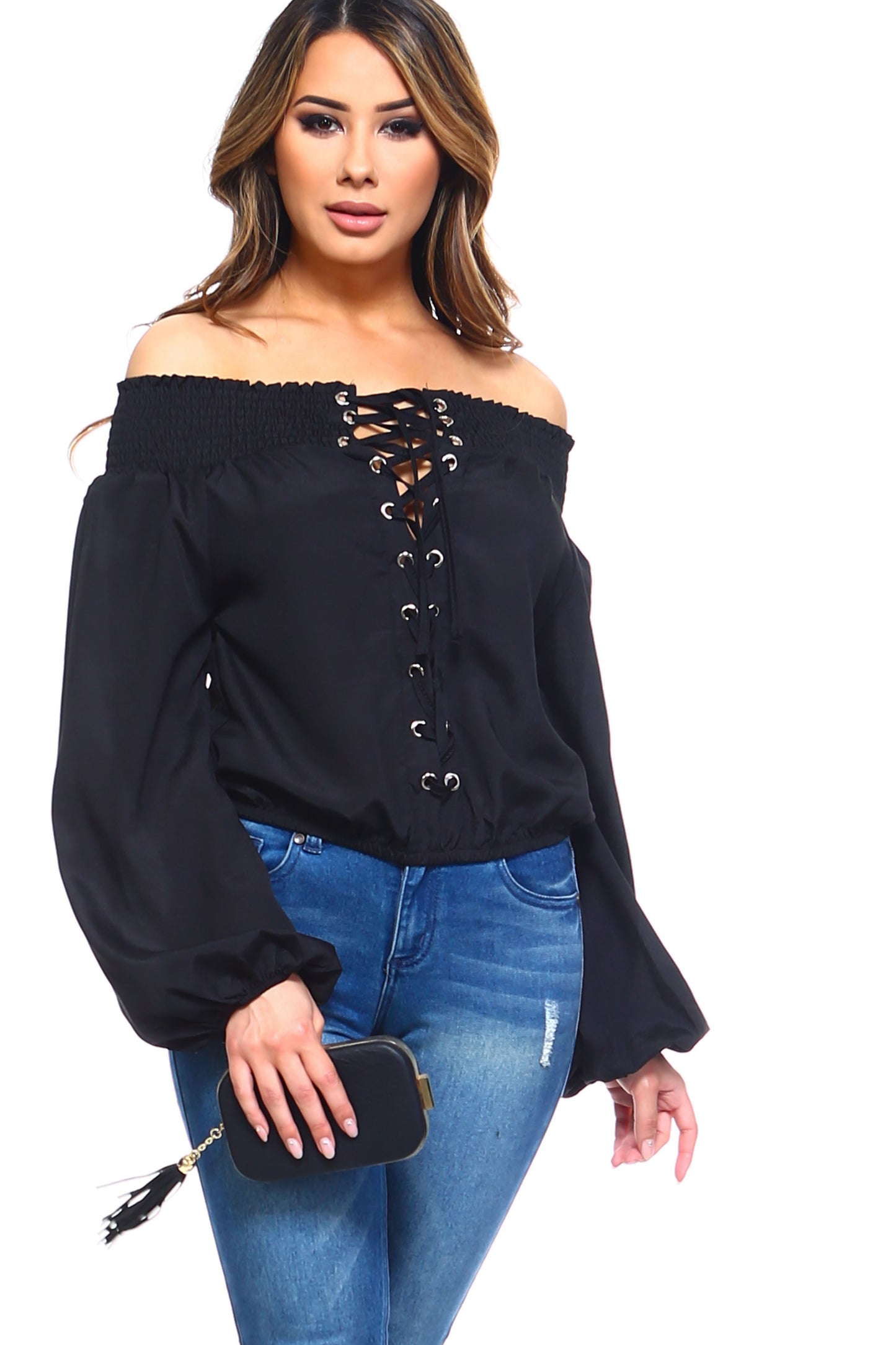Savannah Rose™ - Women's Lace-Up Off Shoulder Elastic Blouse