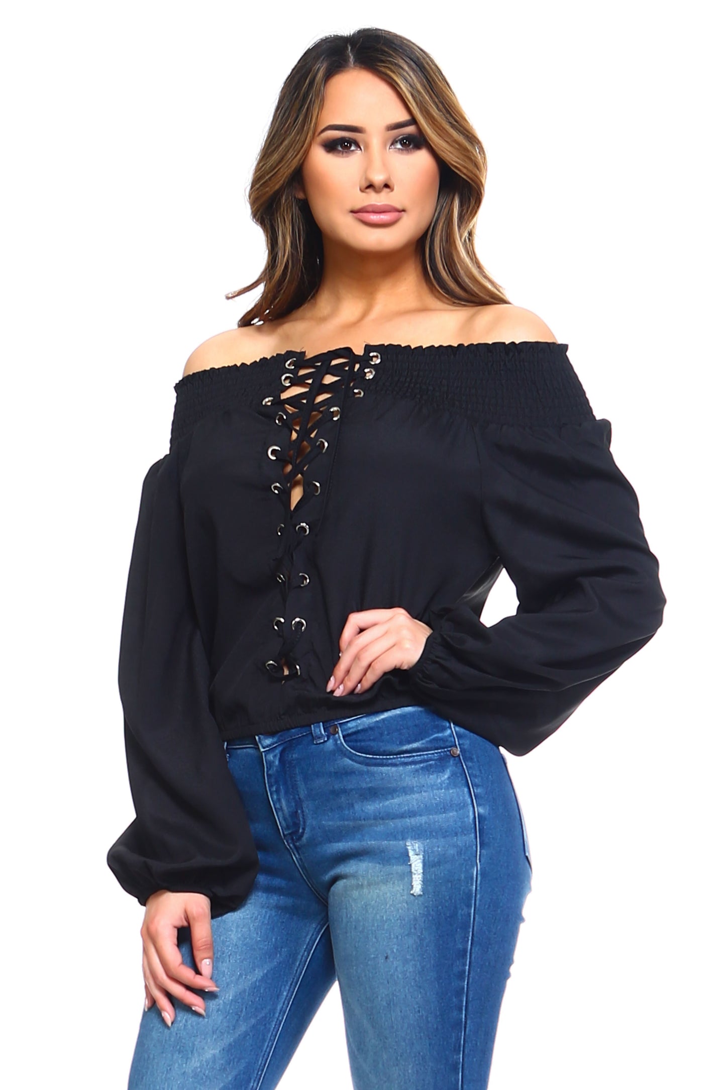 Savannah Rose™ - Women's Lace-Up Off Shoulder Elastic Blouse