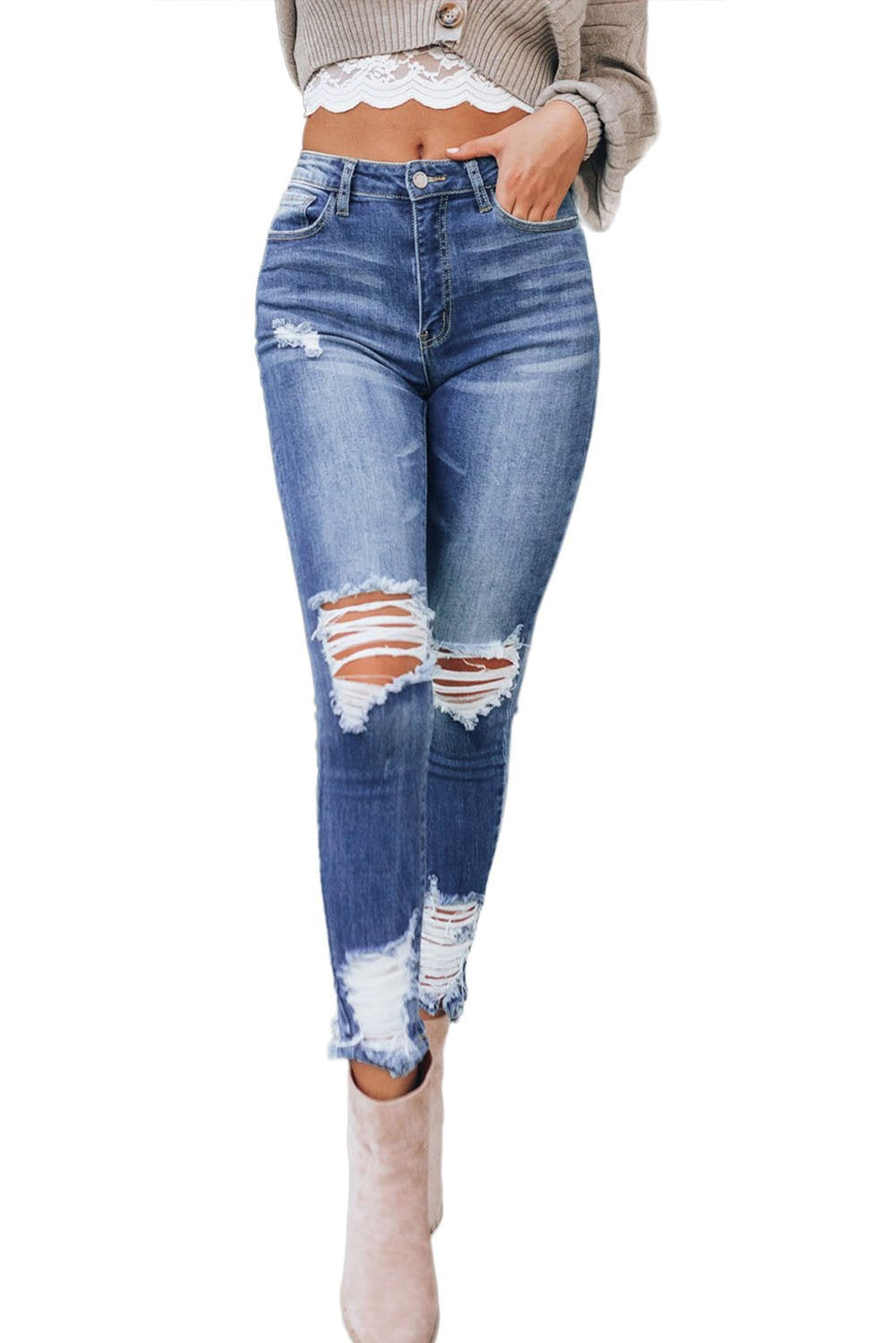 DenimWave™ - Dark Blue Washed Distressed Slits Skinny Jeans