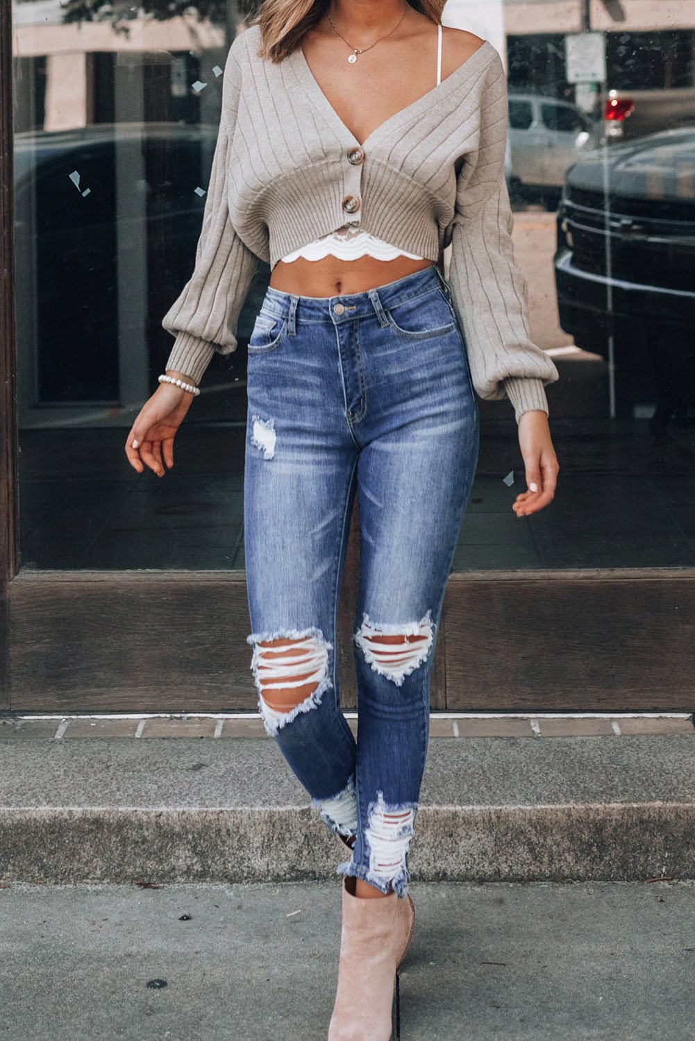 DenimWave™ - Dark Blue Washed Distressed Slits Skinny Jeans