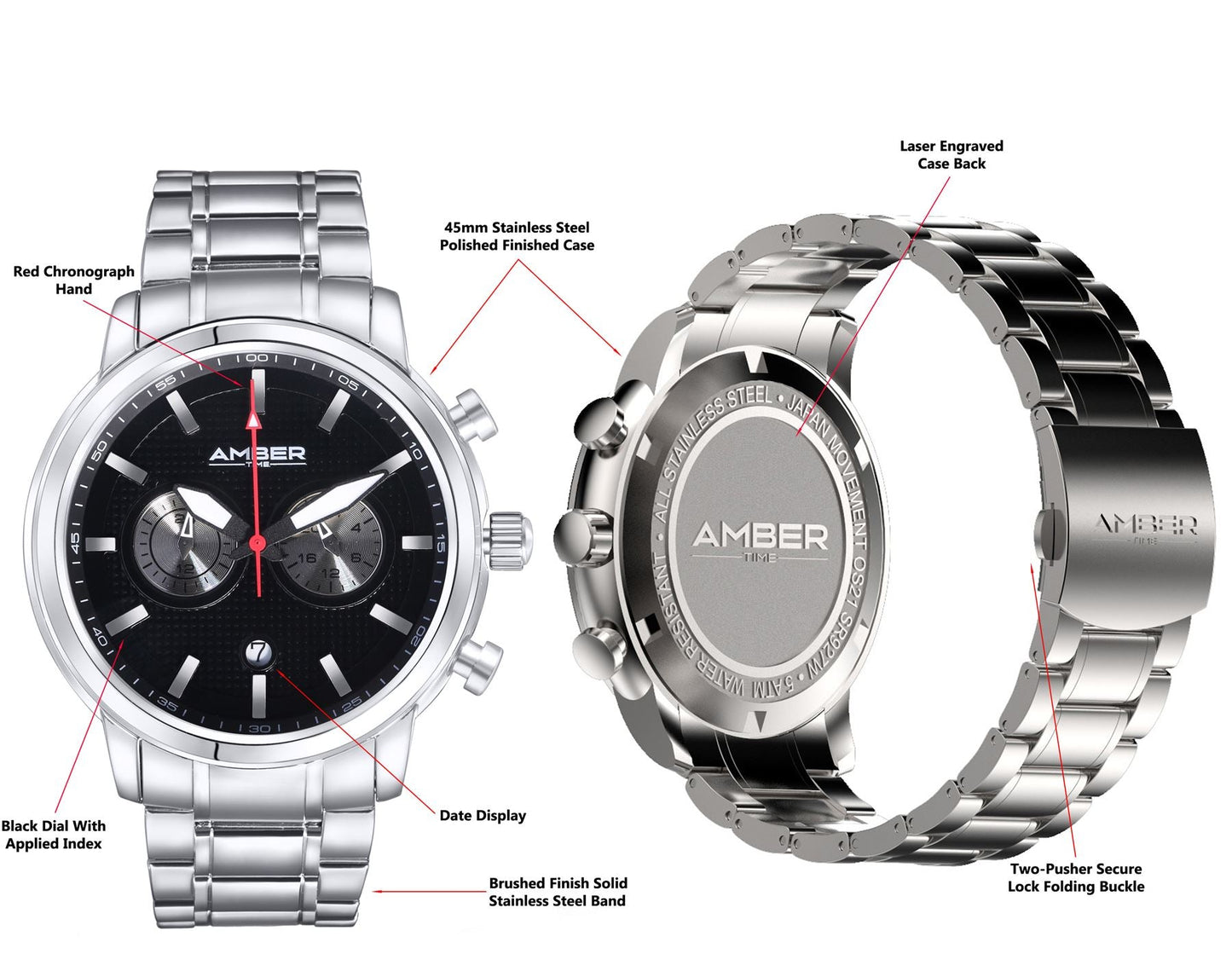 Amber Time™ - Men's Quartz Chronograph Watch with Stainless Steel Band