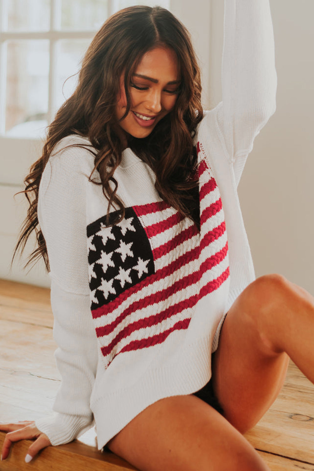 EasyVibe™ - Women's White American Flag Cable Knit Drop Shoulder Sweater