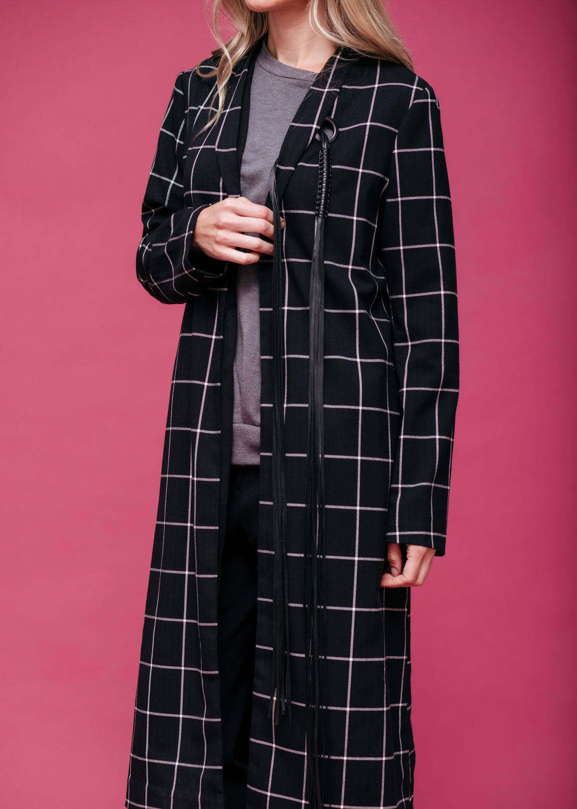Linden Gray™ - Women's Minimalist Grid Longline Black Coat