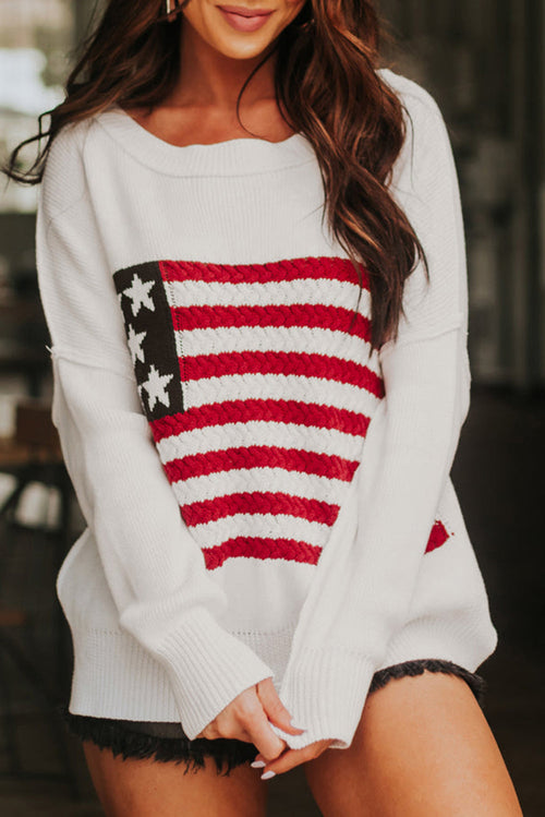 EasyVibe™ - Women's White American Flag Cable Knit Drop Shoulder Sweater