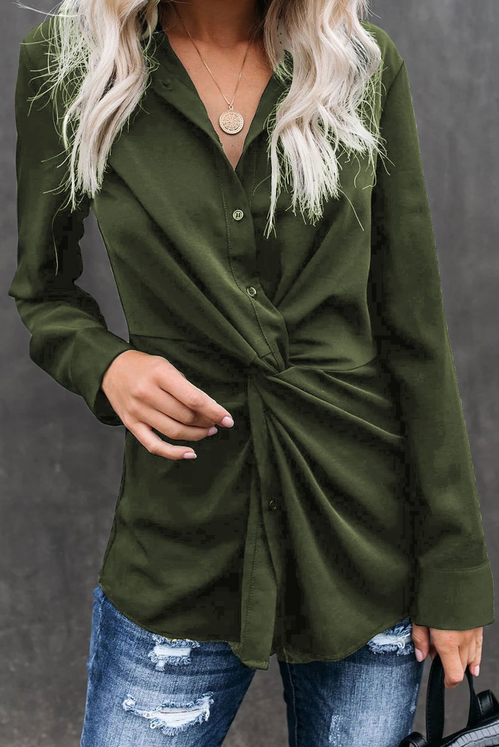 Savannah Rose™ - Women’s Green Button-Down Twist Blouse