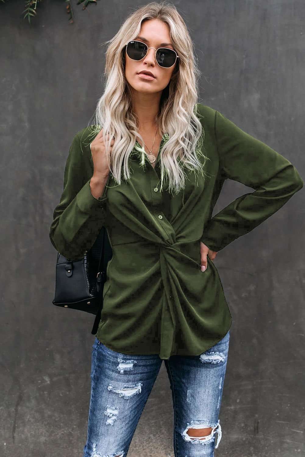 Savannah Rose™ - Women’s Green Button-Down Twist Blouse
