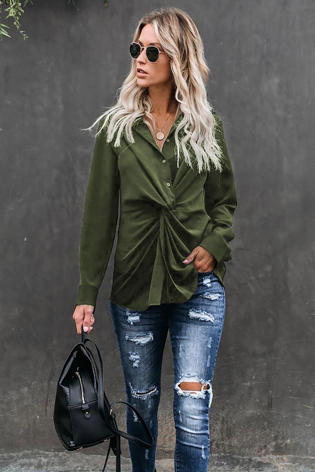 Savannah Rose™ - Women’s Green Button-Down Twist Blouse