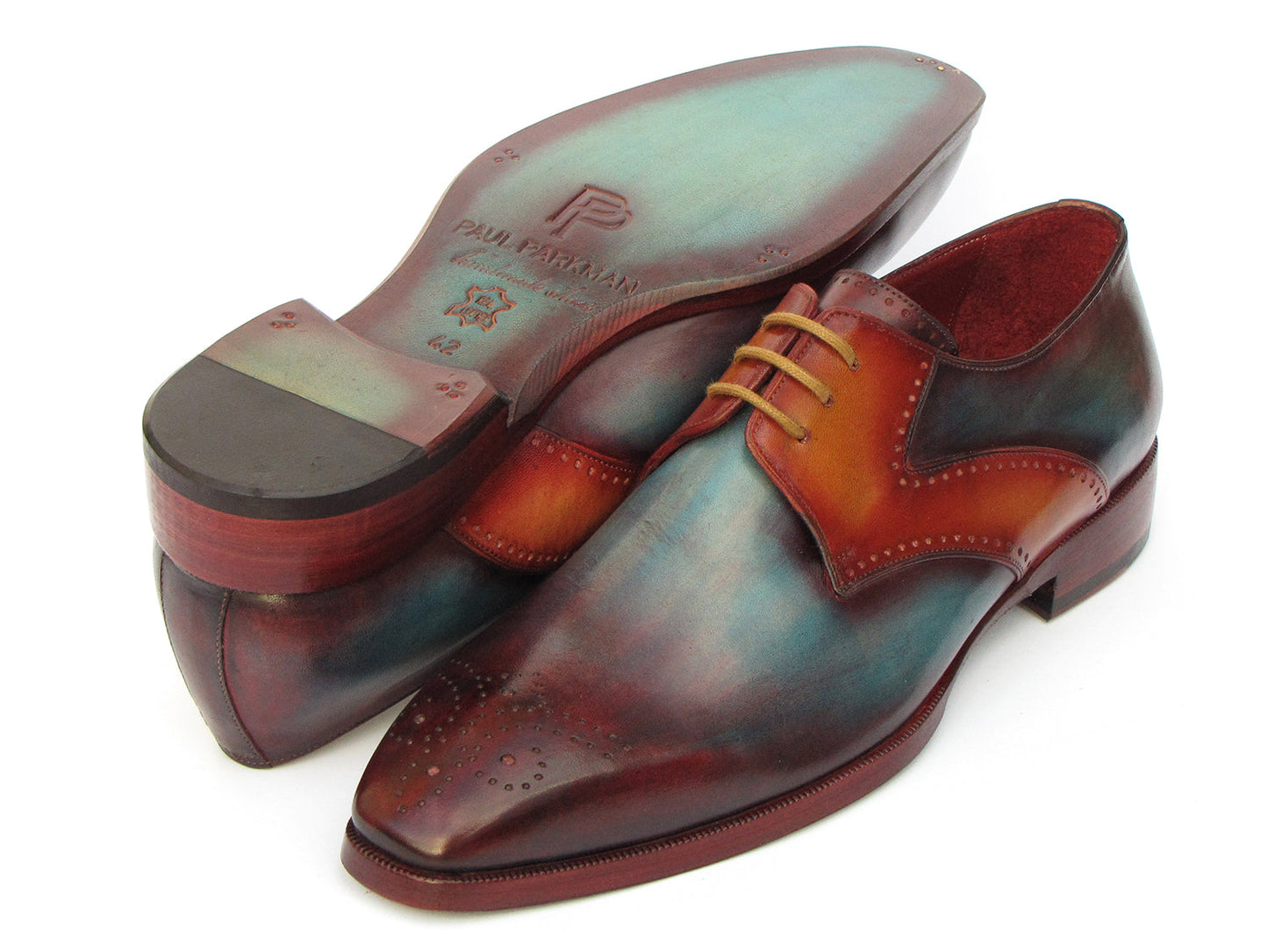 Paul Parkman™ - Men's Multi-Color Medallion Toe Derby Leather Shoes, Hand-Painted Calfskin