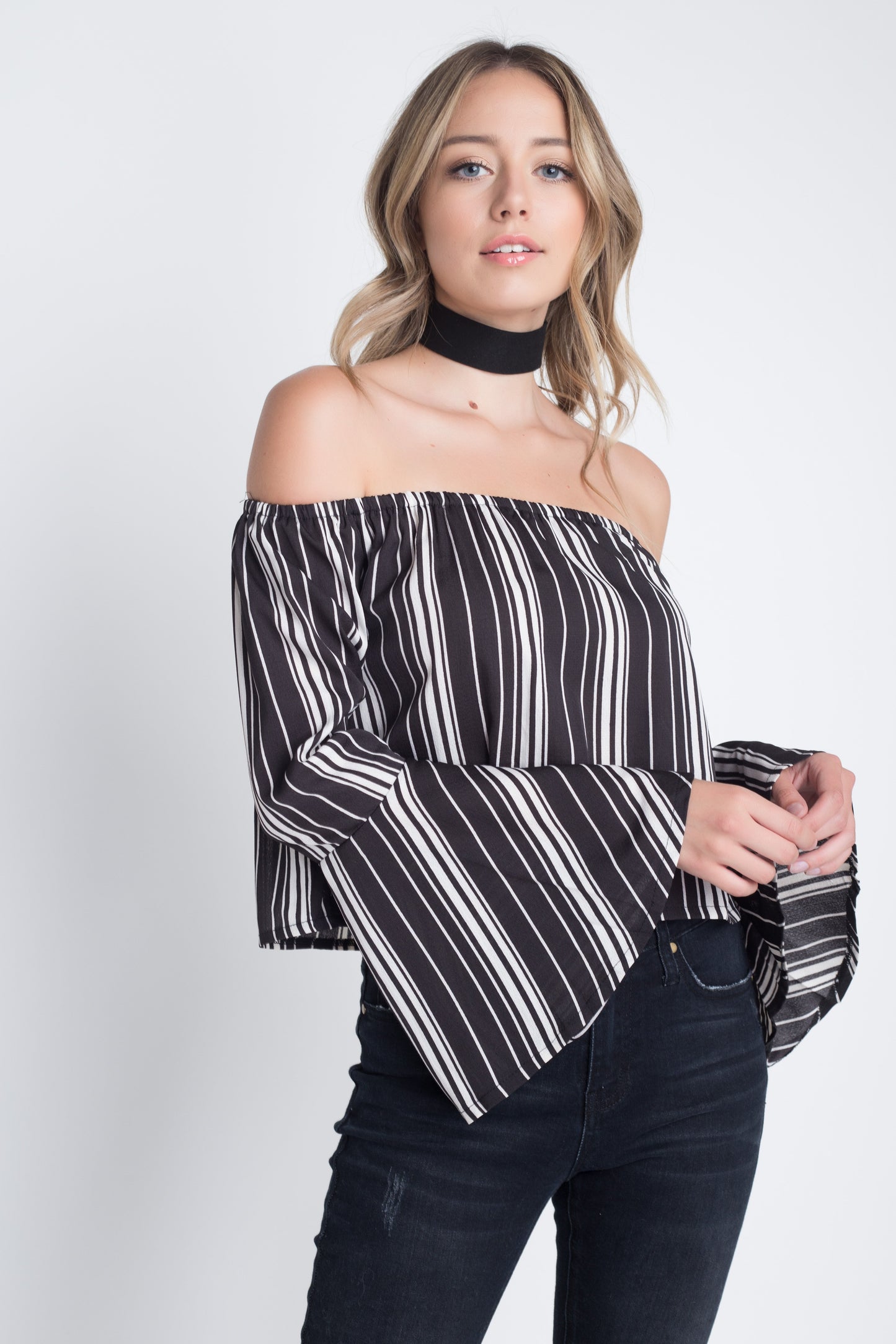 MiraStyle™ - Women's Off Shoulder Casual Stripe Bell Sleeve Top