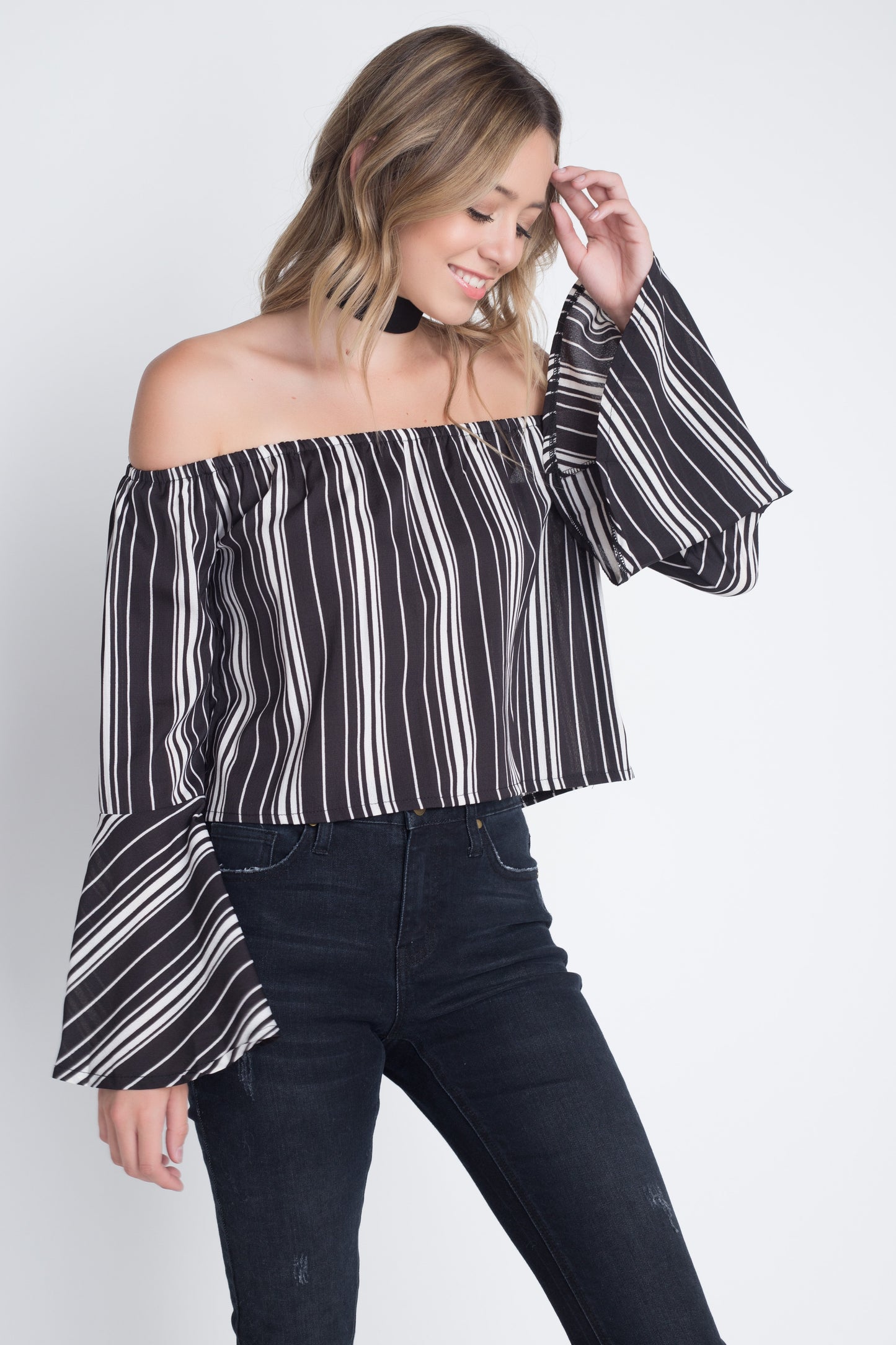 MiraStyle™ - Women's Off Shoulder Casual Stripe Bell Sleeve Top