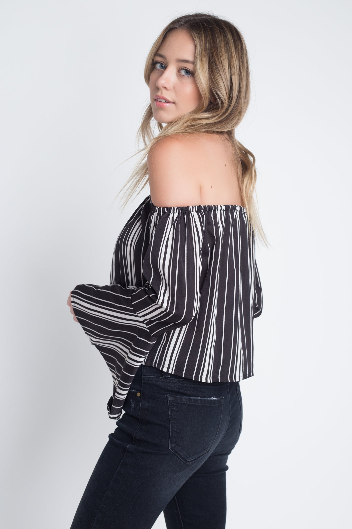 MiraStyle™ - Women's Off Shoulder Casual Stripe Bell Sleeve Top