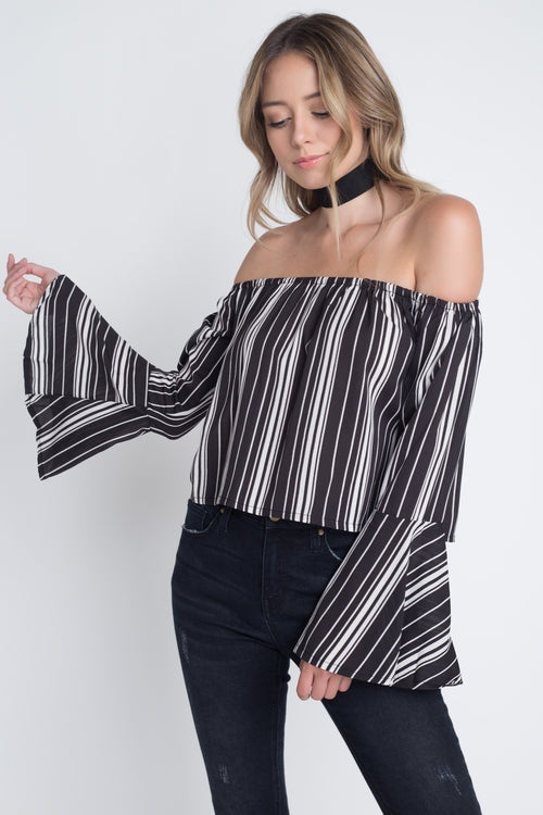 MiraStyle™ - Women's Off Shoulder Casual Stripe Bell Sleeve Top