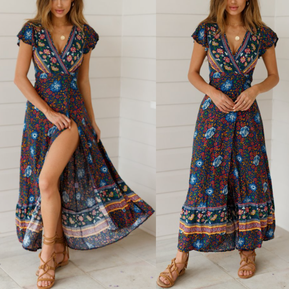 SerenitySway™ - Womens Wrap Style V Neck Floral Maxi Dress