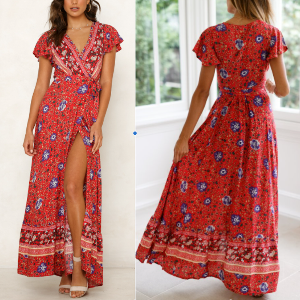 SerenitySway™ - Womens Wrap Style V Neck Floral Maxi Dress