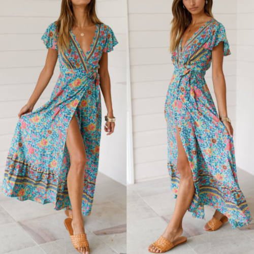 SerenitySway™ - Womens Wrap Style V Neck Floral Maxi Dress