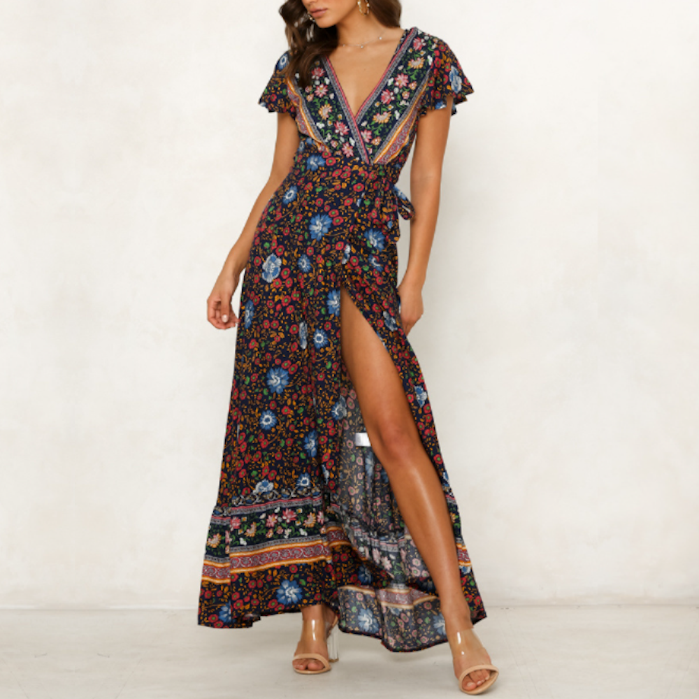 SerenitySway™ - Womens Wrap Style V Neck Floral Maxi Dress