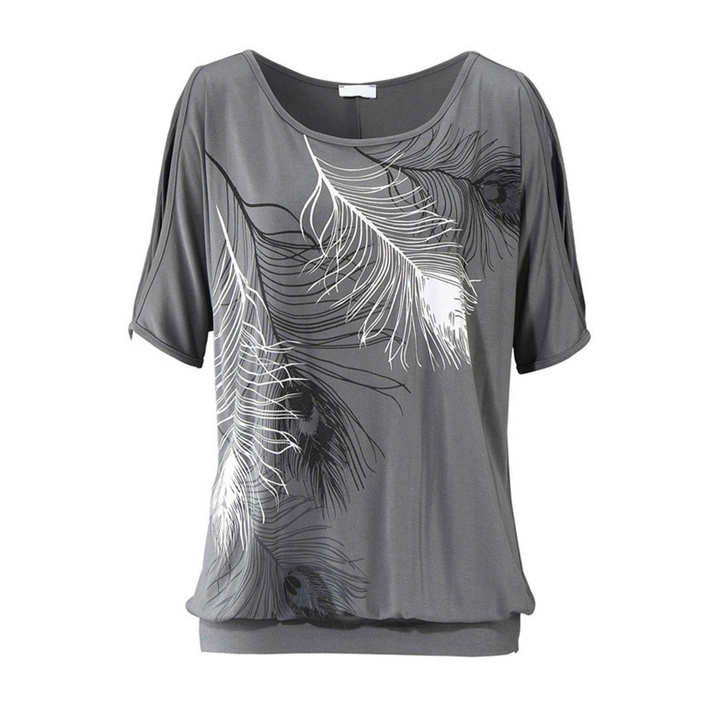 EasyVibe™ - Women’s Cut Shoulder Casual T-Shirt with Feather Print