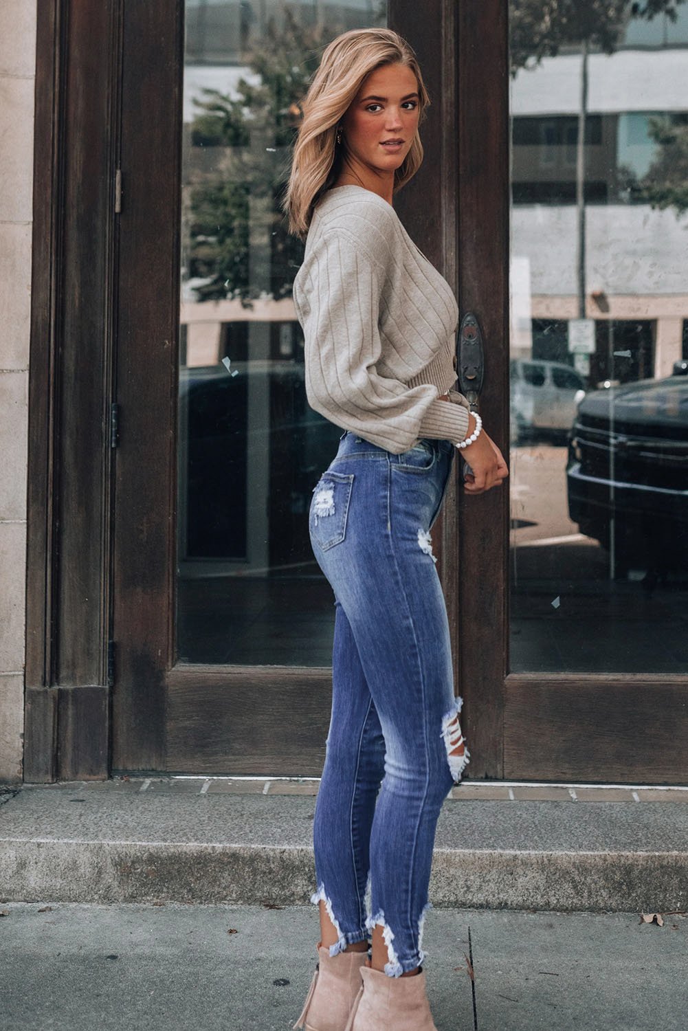 DenimWave™ - Dark Blue Washed Distressed Slits Skinny Jeans