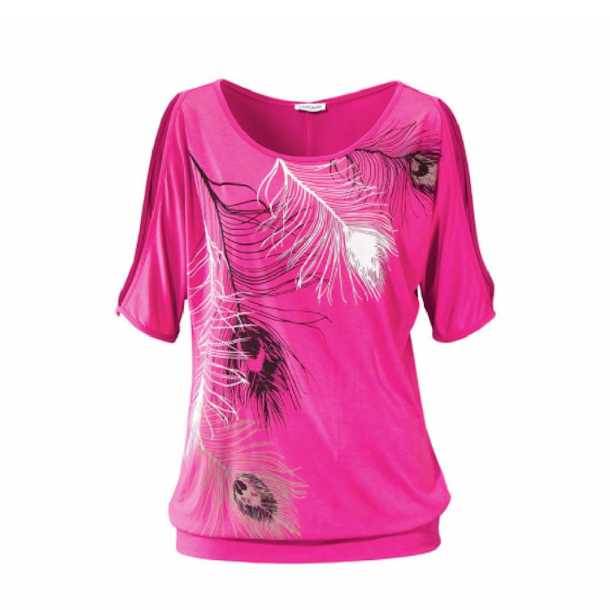 EasyVibe™ - Women’s Cut Shoulder Casual T-Shirt with Feather Print