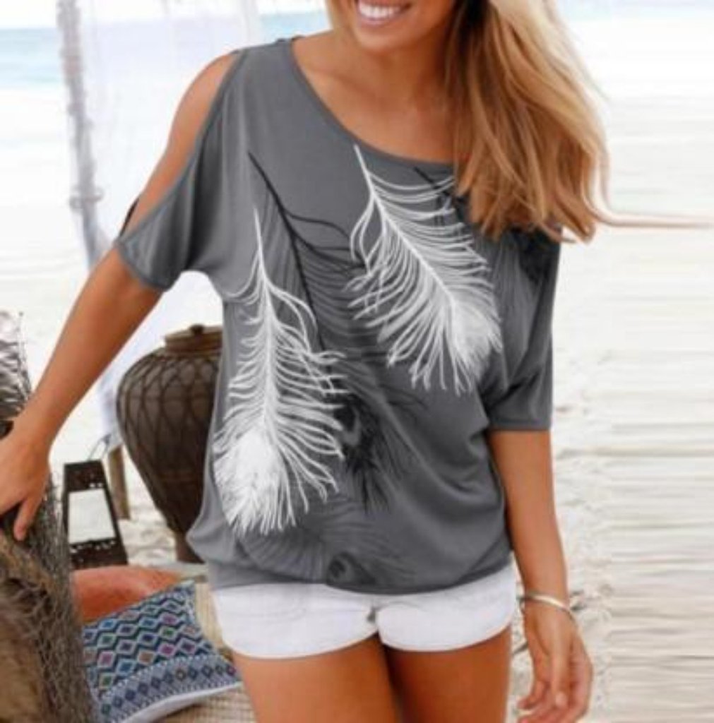 EasyVibe™ - Women’s Cut Shoulder Casual T-Shirt with Feather Print