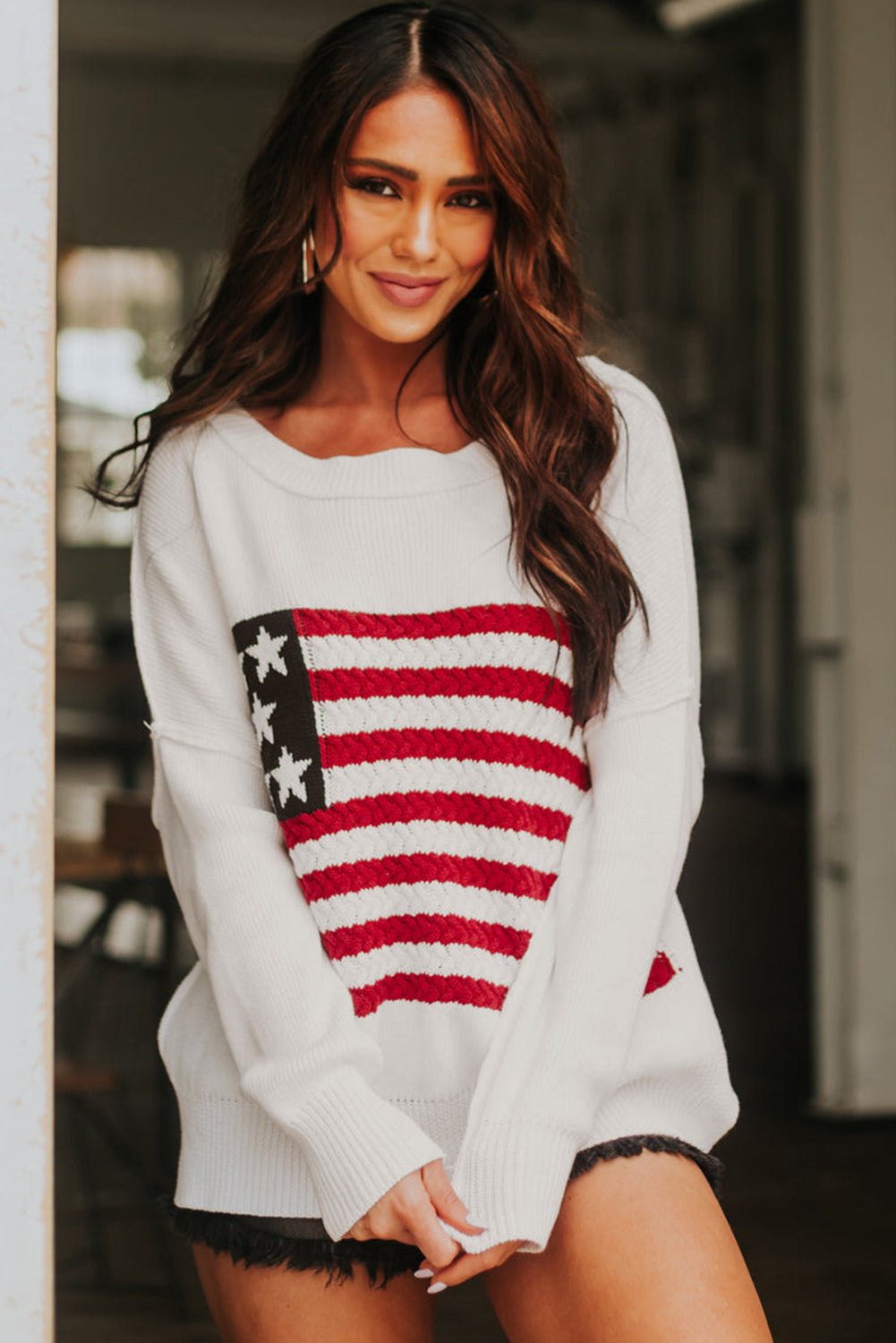 EasyVibe™ - Women's White American Flag Cable Knit Drop Shoulder Sweater