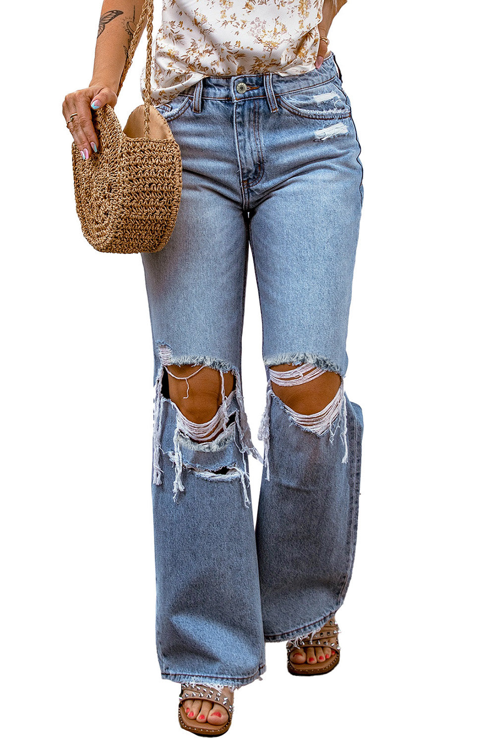 DenimWave™ - Sky Blue Destroyed Open Knee Wide Leg Jeans