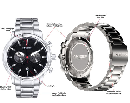 Amber Time™ - Men's Quartz Chronograph Watch with Stainless Steel Band