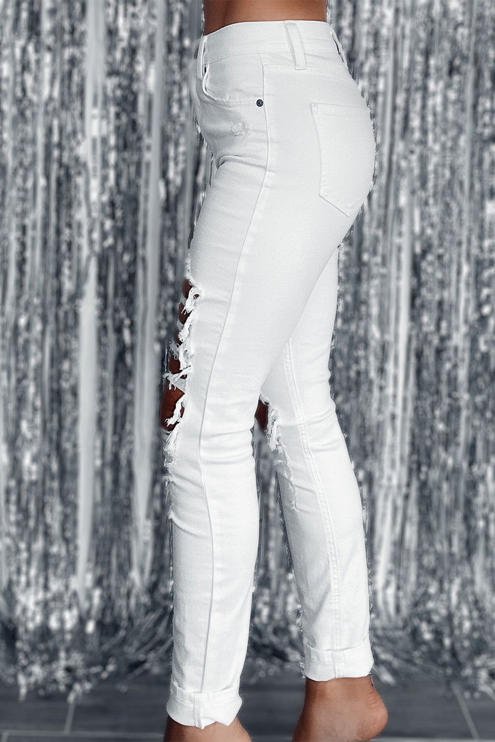 EtherealStitch™ - White Distressed Ripped Holes High Waist Skinny Jeans