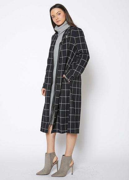 Linden Gray™ - Women's Minimalist Grid Longline Black Coat