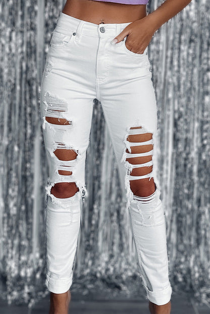 EtherealStitch™ - White Distressed Ripped Holes High Waist Skinny Jeans