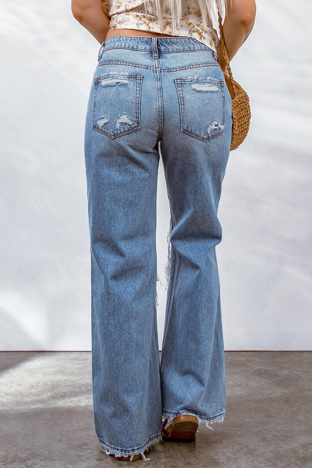 DenimWave™ - Sky Blue Destroyed Open Knee Wide Leg Jeans