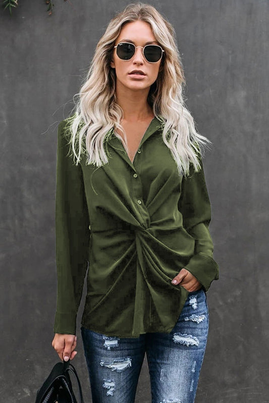 Savannah Rose™ - Women’s Green Button-Down Twist Blouse