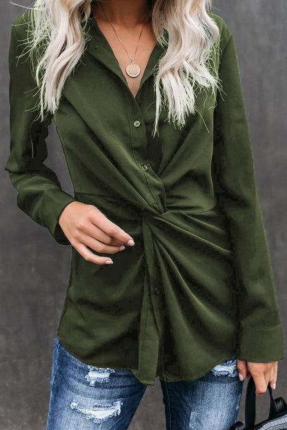 Savannah Rose™ - Women’s Green Button-Down Twist Blouse