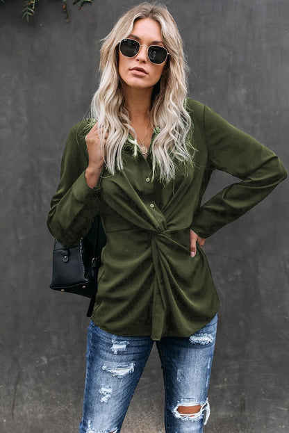 Savannah Rose™ - Women’s Green Button-Down Twist Blouse