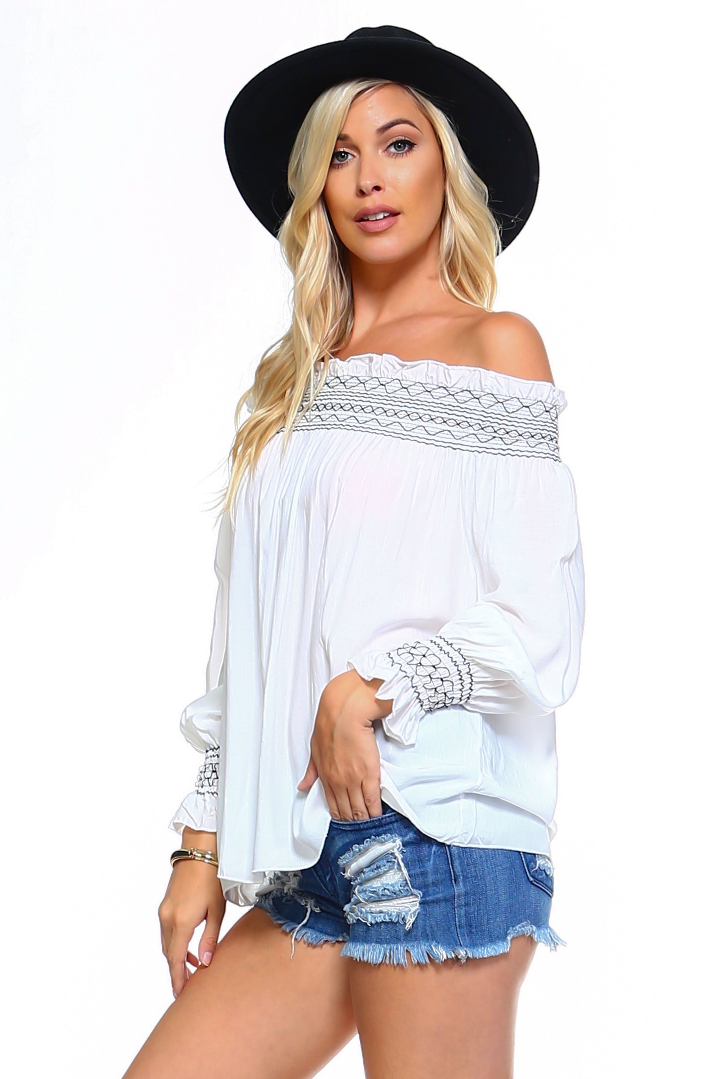 MiraStyle™ - Women's Off Shoulder Stripe Smocked Elastic Top