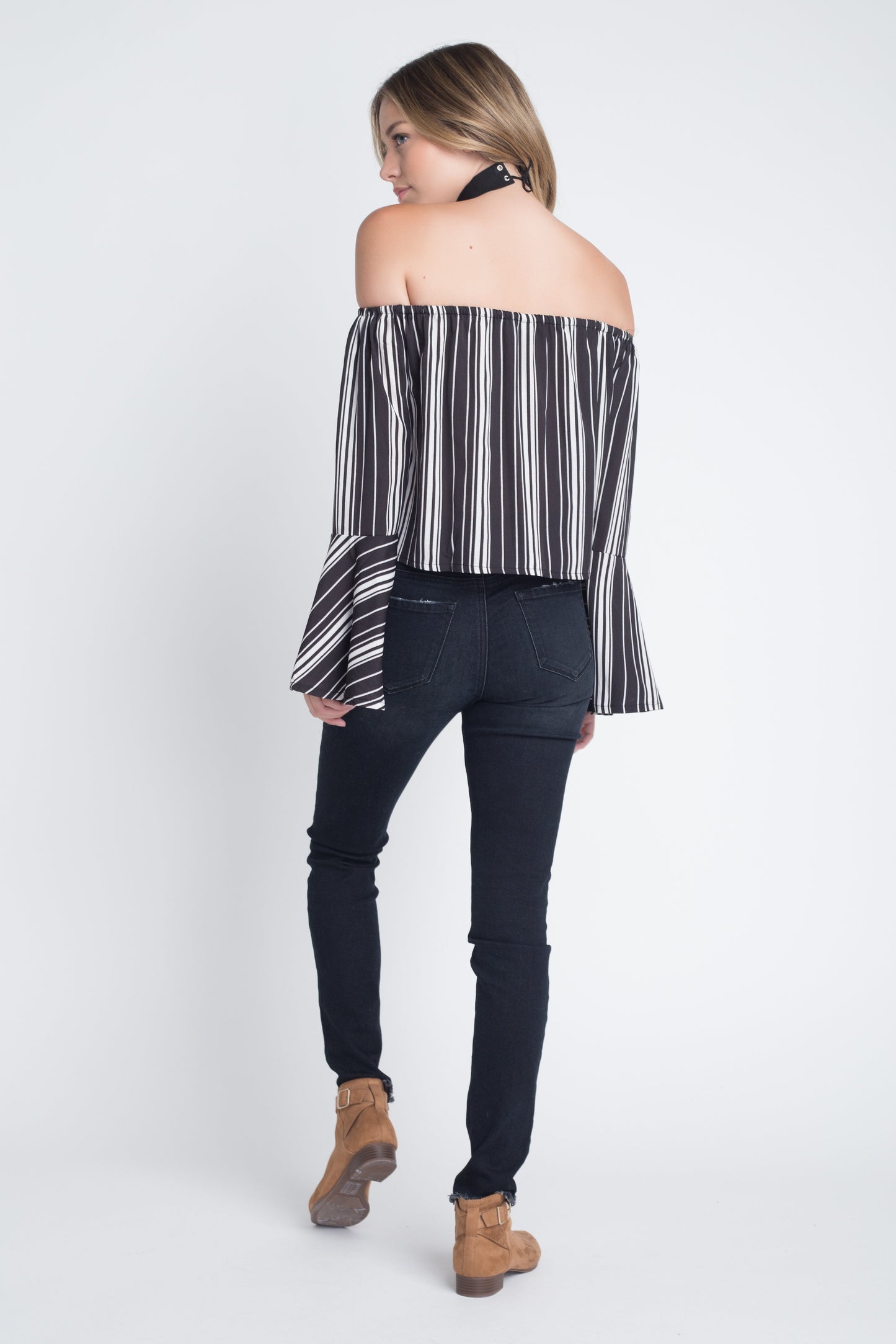 MiraStyle™ - Women's Off Shoulder Casual Stripe Bell Sleeve Top