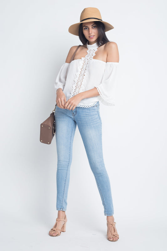 MiraStyle™ - Women's High Neck Long Sleeve Crochet Top