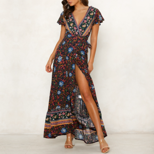 SerenitySway™ - Womens Wrap Style V Neck Floral Maxi Dress