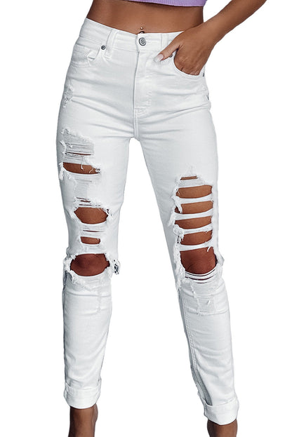 EtherealStitch™ - White Distressed Ripped Holes High Waist Skinny Jeans