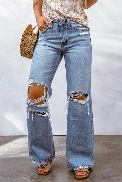 DenimWave™ - Sky Blue Destroyed Open Knee Wide Leg Jeans