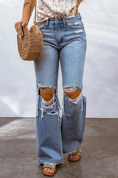 DenimWave™ - Sky Blue Destroyed Open Knee Wide Leg Jeans