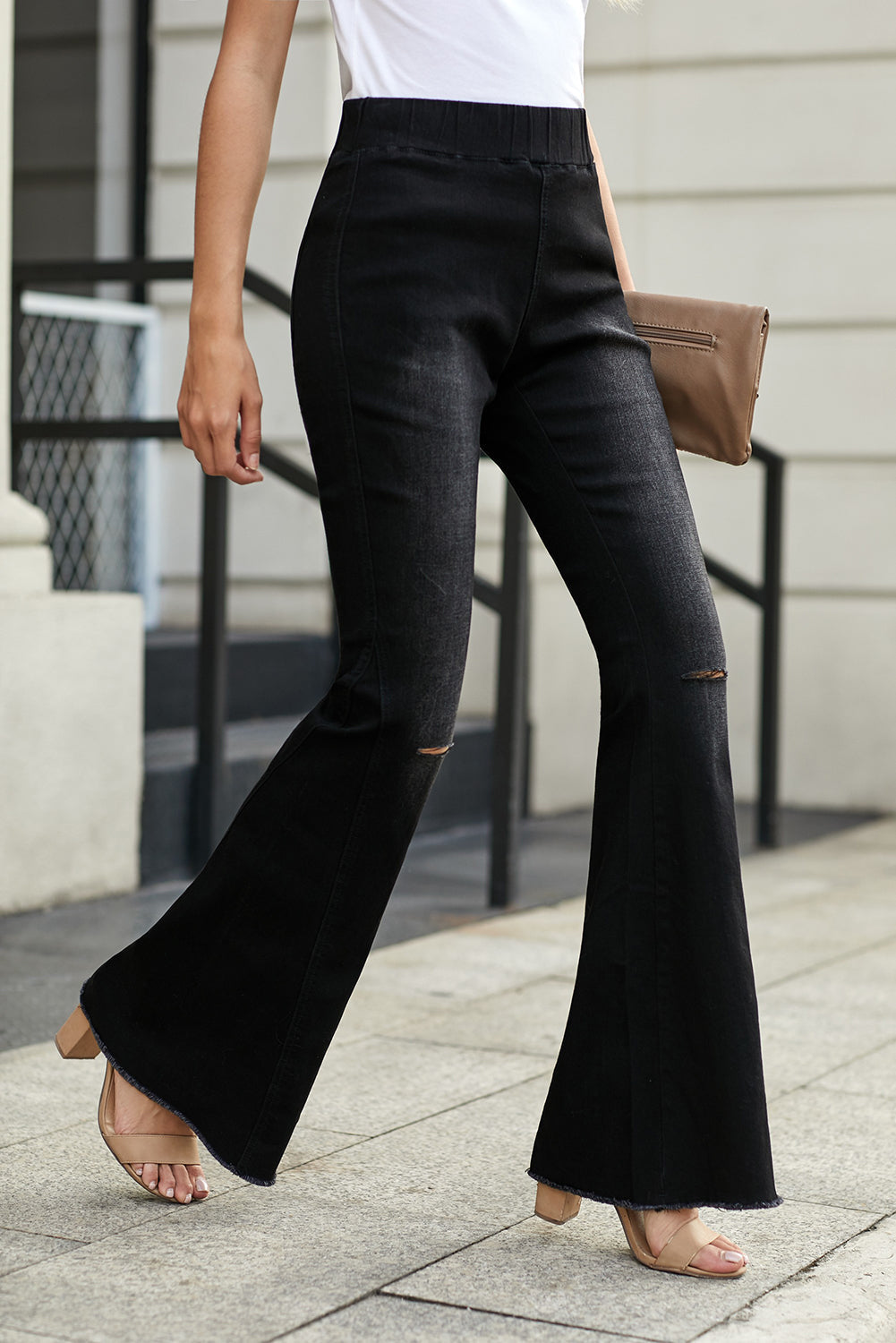 EtherealStitch™ - Black Distressed Ripped Bell Bottom Denim Pants