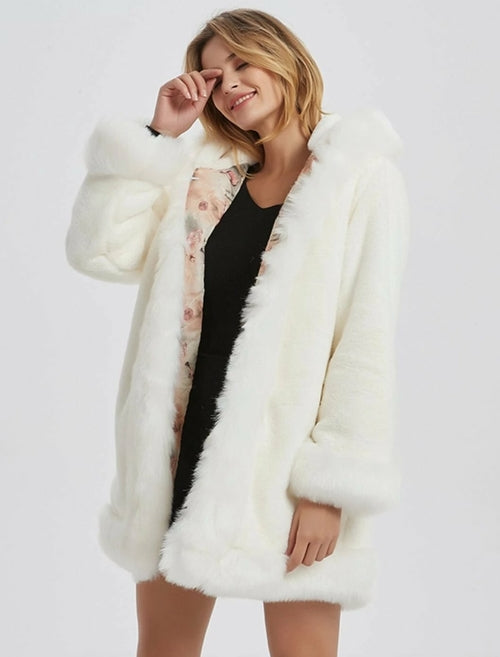 Ivory Ember™ - Women’s Hooded Faux Fur Collar Coat